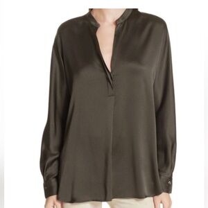 Vince Silk Satin Band-Collar Blouse Green Size XS